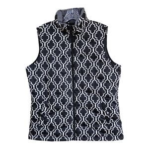 LANDS END Women's Tall M Down Puffer Vest Black White Quatrefoil Print Full Zip